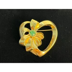 VTG Avon Heart Brooch Gold Tone Bow Green Rhinestone Valentines Day